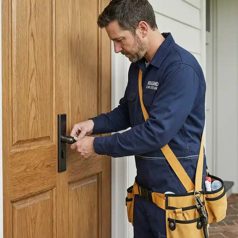 Certified locksmith installing a new DIN-standard lock on a Hamburg apartment door