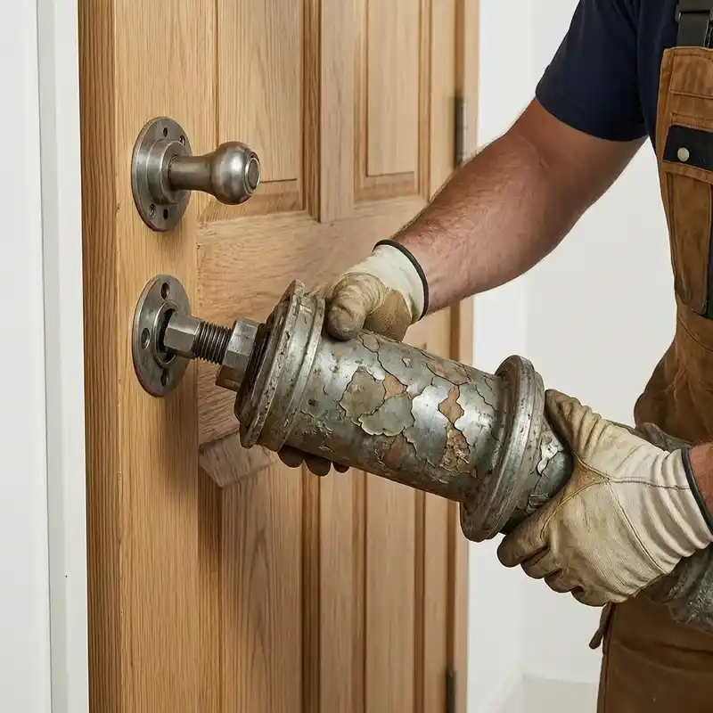 Close-up of a new DIN-certified lock mechanism being fitted to a door